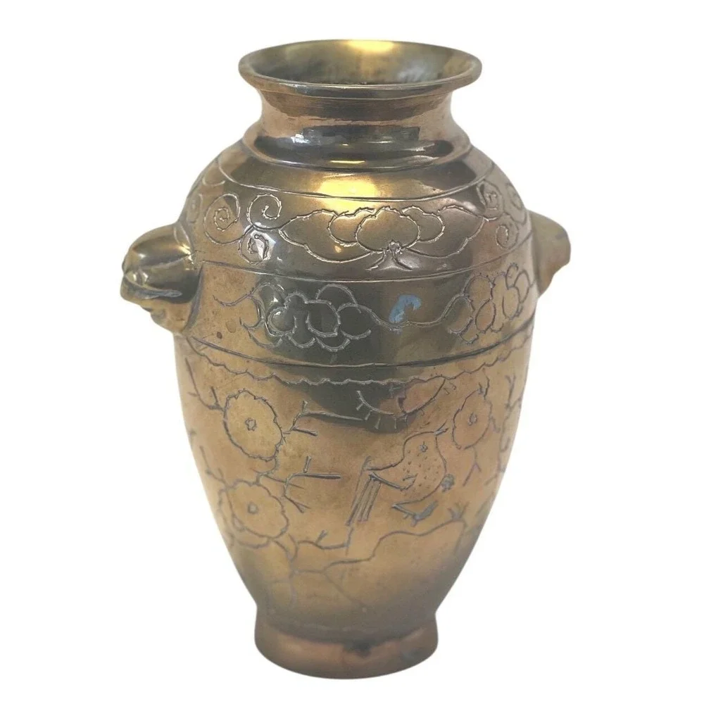 Vintage Chinese Qianlong Style Engraved Brass Vase Asian Floral Design 7